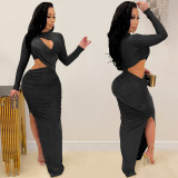 C5550 Cross border New Product AliExpress Amazon Ebay Solid Color Round Neck Long Sleeve Hollow Open Skirt Dress