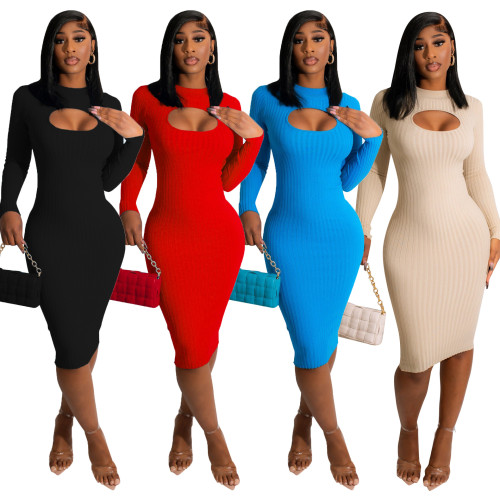 CM8640 Cross border Source Cross border Autumn European and American Ins Fashion Thickened Knitted Pit Strip Slimming Hollow Dress