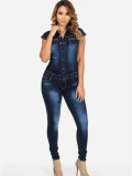 Vintage Denim Jumpsuits for Women Spring Clothing Short Sleeve Bodycon Jeans Long Rompers Playsuits One Pieces Overalls Outfits