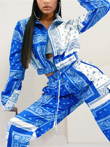 Paisley Bandana Print Tracksuit Women Two 2 Piece Set Outfits Autumn Clothing Zip Up Crop Top and Pants Suits Fashion Woman Sets
