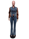 Colorblock Denim 2 Piece Sets Women Outfit Fall Clothes 2024 Women Patchwork Jean Jacket Top and Pants Sets Cowboy Two Piece Set
