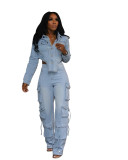 Women Set Autumn Winter Fashion Irregular Denim Crop Jacket And Multi Pockets Cargo Jeans Two Piece Sets Casual Denim Jacket Set