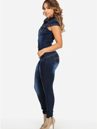 Vintage Denim Jumpsuits for Women Spring Clothing Short Sleeve Bodycon Jeans Long Rompers Playsuits One Pieces Overalls Outfits