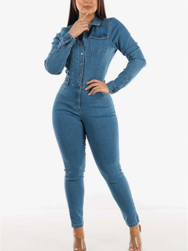 Streetwear Jean Jumpsuits for Women Spring Y2K Clothing Turn Down Neck Bodycon Jean Rompers Playsuits One Pieces Overalls Outfit