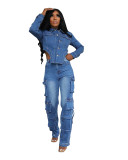 Women Set Autumn Winter Fashion Irregular Denim Crop Jacket And Multi Pockets Cargo Jeans Two Piece Sets Casual Denim Jacket Set
