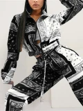 Paisley Bandana Print Tracksuit Women Two 2 Piece Set Outfits Autumn Clothing Zip Up Crop Top and Pants Suits Fashion Woman Sets