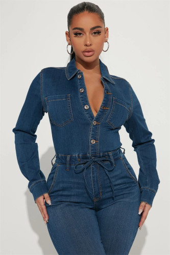 Streetwear Jean Jumpsuits Women Autumn Y2K Clothing Turn Down Collar Boadycon Denim Rompers Playsuits One Piece Overalls Outfits