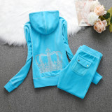 Juicy Lover Brand Spring Autumn Sporting Suits Red Gray Navy Blue Velvet Women Tracksuits Hooded Collar Casual Sportswear suit