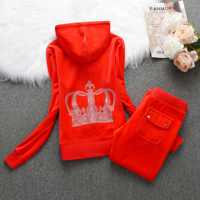 Juicy Lover Brand Spring Autumn Sporting Suits Red Gray Navy Blue Velvet Women Tracksuits Hooded Collar Casual Sportswear suit