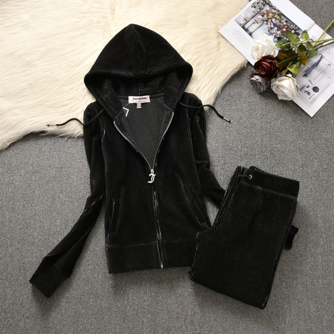 Juicy Lovers Brand Coconut Women Sportswear suit Striped Solid Velvet Spring Autumn Casual Tracksuits Black Gray Sporting Suits