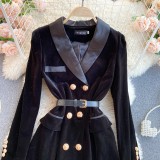 Elegant Women's Dress 2024 New Women's Suit Collar British Style Double Breasted Slim Fit Velvet Dress