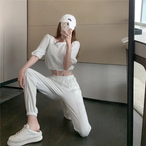 Newest Fashion Women Suit White Black Women Tracksuits O-Neck Bandage 2 Pieces Set Half Sleeve Solid Casual Sportswear suits