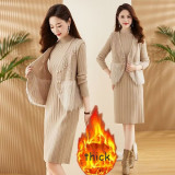 Elegant Women's Sets 2024 Winter Women's Plush Round Neck Dress and Vest Two Piece Set