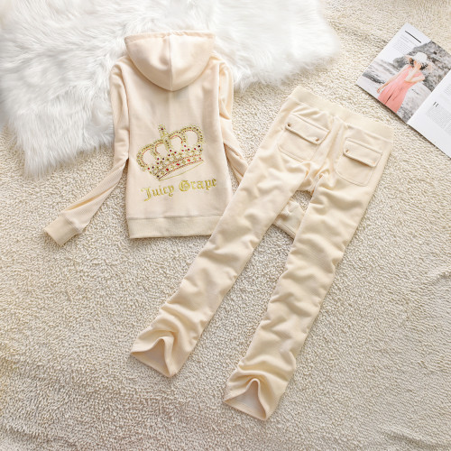 Juicy Cometure Velvet Tracksuit Women Sports Hooded Sweatshirt Set with Embroidered Crystal Pattern + Straight Casual Trousers