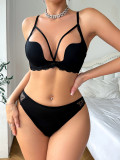 Women's Sexy U-shaped 3/4 Bra Underwear Set Solid Color Steel Ring Gathering Push Up Everyday Versatile Underwear Set A2577