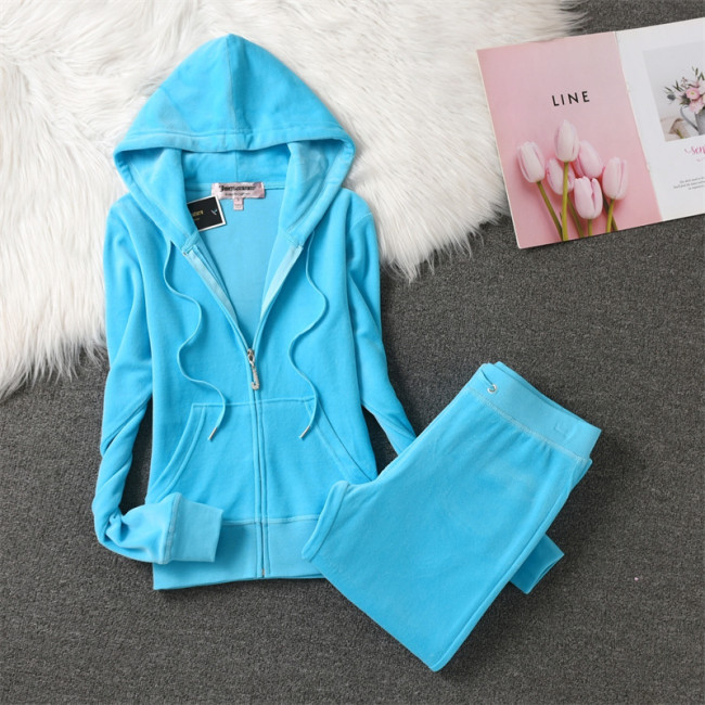 Juicy Lovers Brand 2024 Women Sporting Suit Pink Black Sky Blue Casual Tracksuits Velvet Hooded Collar Women's Sportswear Suits