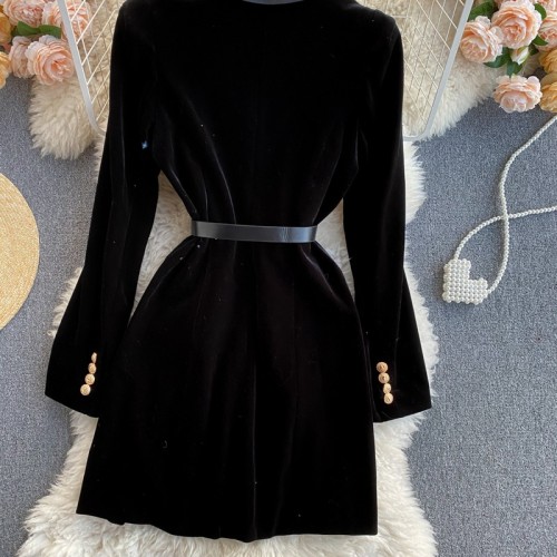 Elegant Women's Dress 2024 New Women's Suit Collar British Style Double Breasted Slim Fit Velvet Dress