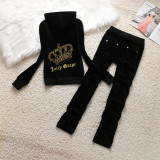 Juicy Cometure Velvet Tracksuit Women Sports Hooded Sweatshirt Set with Embroidered Crystal Pattern + Straight Casual Trousers