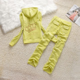 Juicy Cometure Velvet Tracksuit Women Sports Hooded Sweatshirt Set with Embroidered Crystal Pattern + Straight Casual Trousers