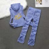 Juicy Cometure Velvet Tracksuit Crystal Embroidered Women Sweatshirt Set, Outdoor Casual Sportswear 2pc Casual Trousers + Hoodie