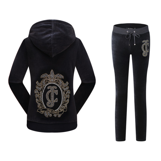 Juicy Lovers Brand Women Sporting Suits Set Navy Blue Black Green Velvet Casual Tracksuits Hooded Collar Spring Sportswear suit