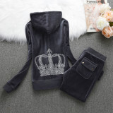 Juicy Lover Brand Spring Autumn Sporting Suits Red Gray Navy Blue Velvet Women Tracksuits Hooded Collar Casual Sportswear suit