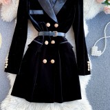 Elegant Women's Dress 2024 New Women's Suit Collar British Style Double Breasted Slim Fit Velvet Dress