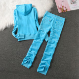 Juicy Lovers Brand 2024 Women Sporting Suit Pink Black Sky Blue Casual Tracksuits Velvet Hooded Collar Women's Sportswear Suits
