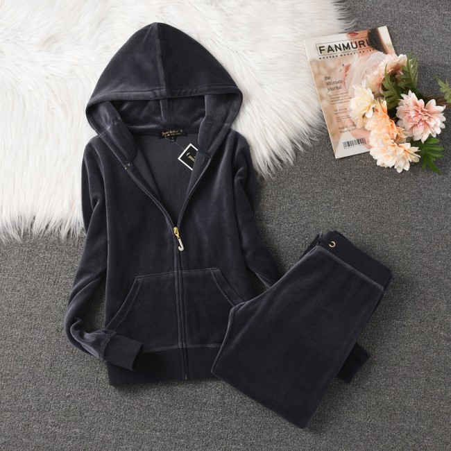 Juicy Lovers Brand 2024 Women Sporting Suit Slim Casual Tracksuits Blue Gray Pink Velvet Hooded Collar Women's Sportswear Suits