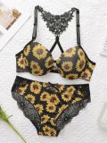 Ladies Sexy Front Buckle Yellow Flower Cross Back Lace Flower Design With Gathered Pull Adjustable Shoulder Strap Bra A3116