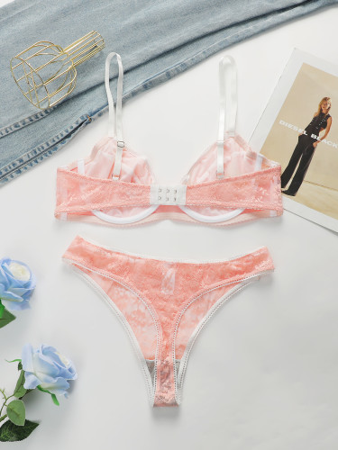 New Women's Underwear Set Lace Pink Flower Sexy Ultra Thin Underwear 2-piece Set Bra And Thongs Push Up Bra MR2643