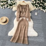 Gentle Women's Autumn French Flower Camisole Vest Long Sleeve Knitted Cardigan Jacket High Waisted Skirt Three Pieces Set
