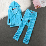 Juicy Lovers Brand 2024 Women Sporting Suit Pink Black Sky Blue Casual Tracksuits Velvet Hooded Collar Women's Sportswear Suits