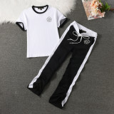 100% Pure Cotton Women's Suit, Outdoor Sports Short-Sleeved Suit, Trousers Suit, Casual Color Matching T-Shirt + Sports Trousers