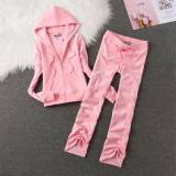 Juicy Lovers Brand 2024 Women Sporting Suit Pink Black Sky Blue Casual Tracksuits Velvet Hooded Collar Women's Sportswear Suits