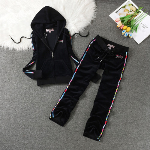 Juicy Lovers Brand Striped Women Sporting Suit Purple Black Gray Casual Tracksuits Velvet Hooded Collar Women's Sportswear Suits
