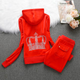 Juicy Lover Brand Spring Autumn Sporting Suits Red Gray Navy Blue Velvet Women Tracksuits Hooded Collar Casual Sportswear suit