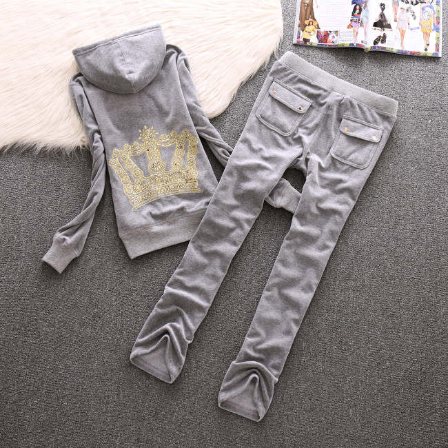 Juicy Lovers Brand Autumn Women Sporting Suits Purple Gray Velvet Casual Womens Tracksuits Hooded Collar Popular Sportswear suit