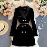 Elegant Women's Dress 2024 New Women's Suit Collar British Style Double Breasted Slim Fit Velvet Dress