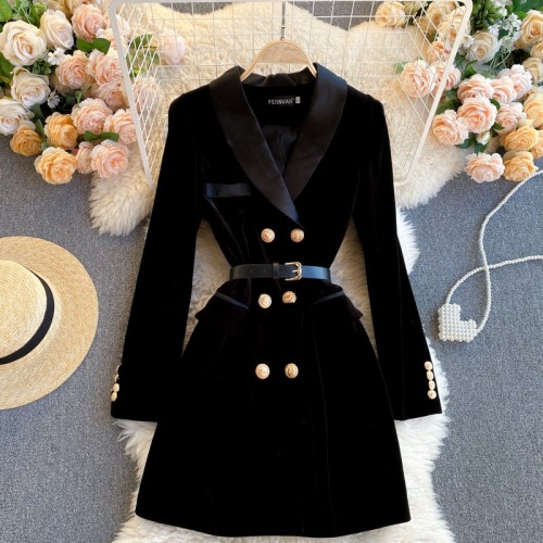 Elegant Women's Dress 2024 New Women's Suit Collar British Style Double Breasted Slim Fit Velvet Dress