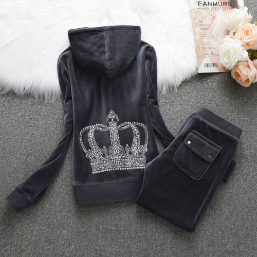 Juicy Lover Brand Spring Autumn Sporting Suits Red Gray Navy Blue Velvet Women Tracksuits Hooded Collar Casual Sportswear suit