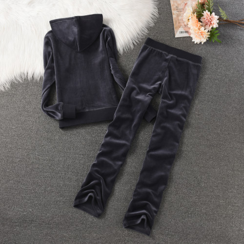 Juicy Lovers Brand 2024 Women Sporting Suit Slim Casual Tracksuits Blue Gray Pink Velvet Hooded Collar Women's Sportswear Suits