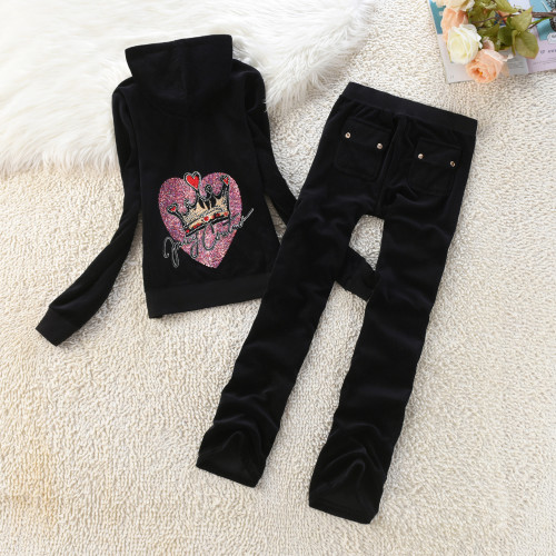 Juicy Cometure Velvet Tracksuit New Love Crystal Pattern Sweatshirt Casual Women Velvet Sports Suit Sports Hooded Sweatshirt 2pc