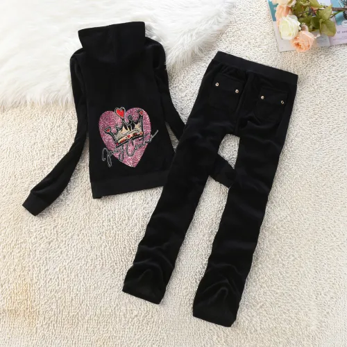 Juicy Cometure Velvet Tracksuit New Love Crystal Pattern Sweatshirt Casual Women Velvet Sports Suit Sports Hooded Sweatshirt 2pc