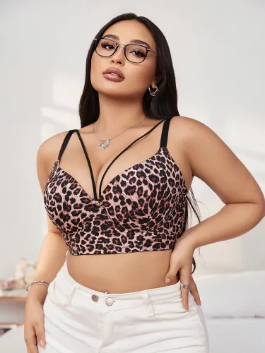 Women's Plus Size Underwear Half Cup Gathering Push Up Leopard Print Design Suitable For Plump Women 90D-110D B2833
