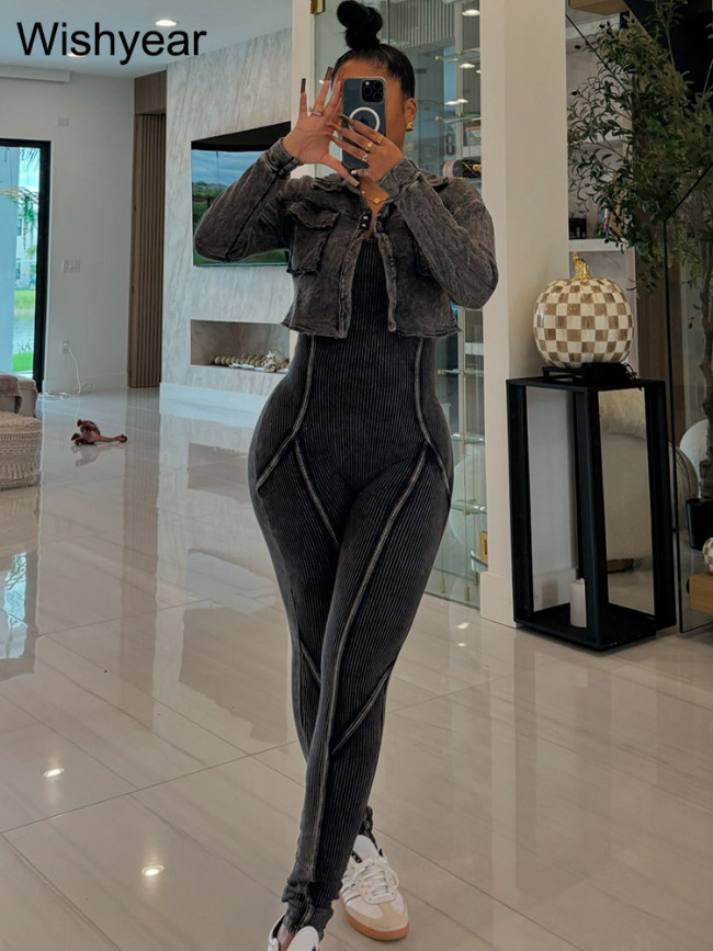 Make Old Vintage Black Jumpsuits Two 2 Pieces Women‘s Sets Long Sleeve Jacket and Skinny Pants Rompers Outfits Fall Streetwear