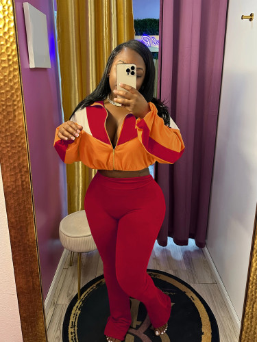 Fashionable two-piece set, color-blocked zipper jacket and leggings sportswear set for women