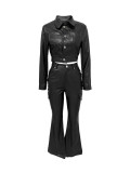 Buttons Fall Long Sleeves O Neck Crop top Suits Tracksuits Women's Suits Casual Pants 2 Two Piece Sets Bodycon Black Sweatshirt