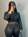 Buttons Fall Long Sleeves O Neck Crop top Suits Tracksuits Women's Suits Casual Pants 2 Two Piece Sets Bodycon Black Sweatshirt