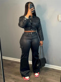 Buttons Fall Long Sleeves O Neck Crop top Suits Tracksuits Women's Suits Casual Pants 2 Two Piece Sets Bodycon Black Sweatshirt